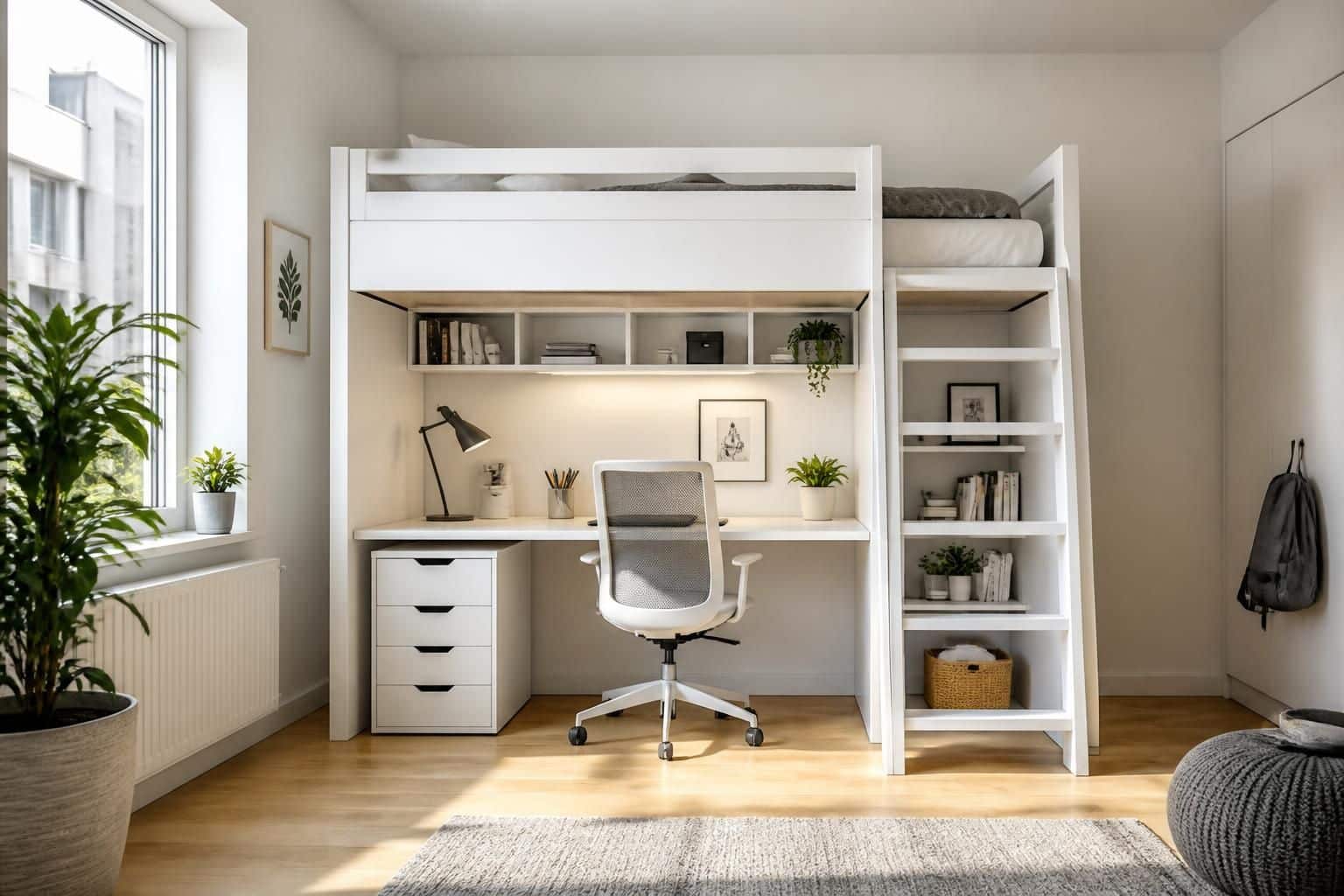 découvrez notre lit mezzanine blanc avec bureau intégré, une solution idéale pour optimiser l'espace tout en alliant confort et fonctionnalité dans votre chambre.