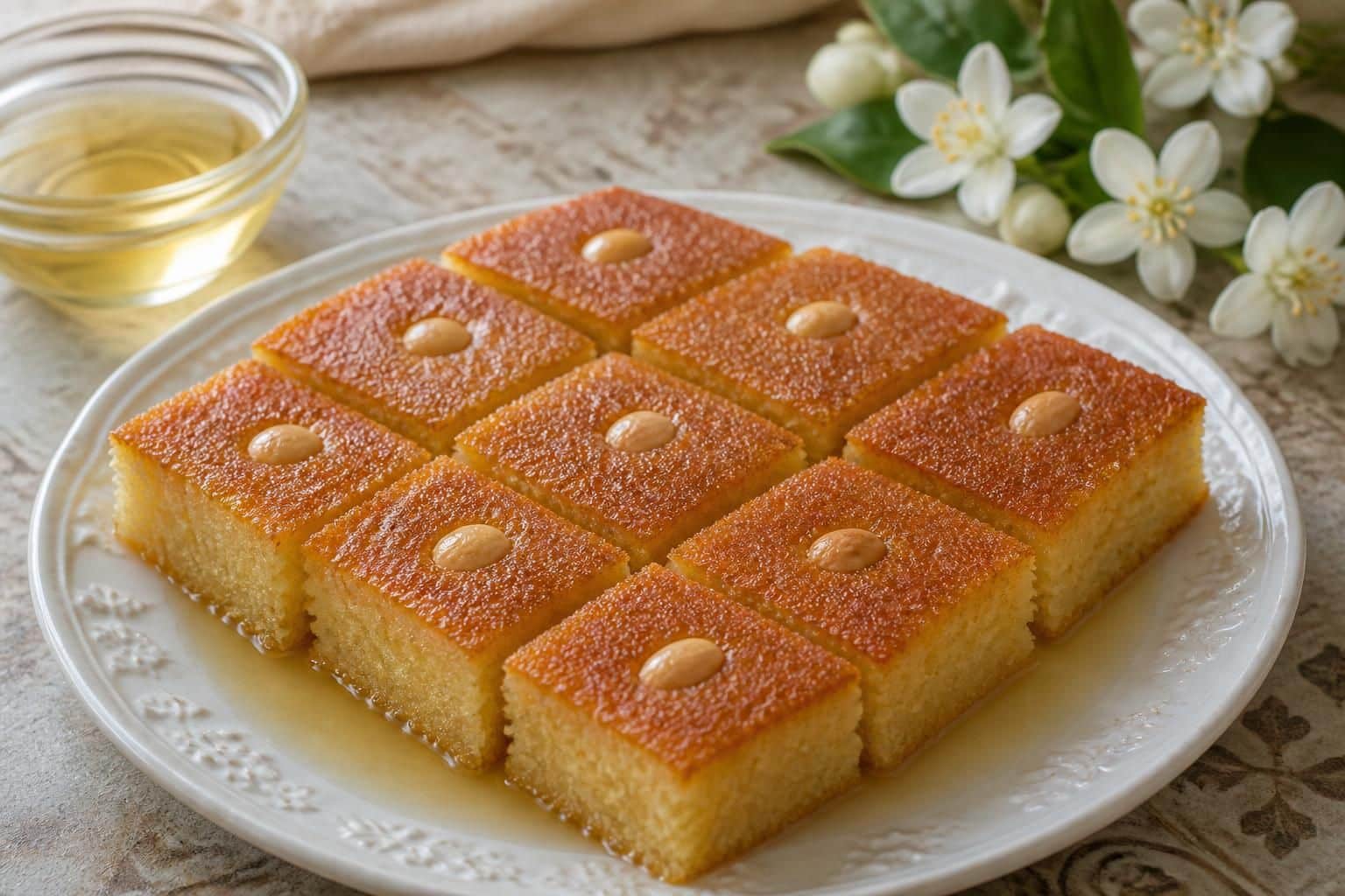 découvrez nos recettes de basboussa, un gâteau de semoule moelleux imbibé d'un sirop parfumé pour un dessert délicieusement oriental.