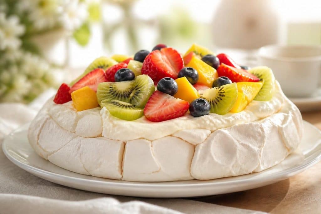 découvrez notre recette facile de pavlova avec une meringue légère et une garniture fruitée fraîche pour un dessert délicieux et élégant.