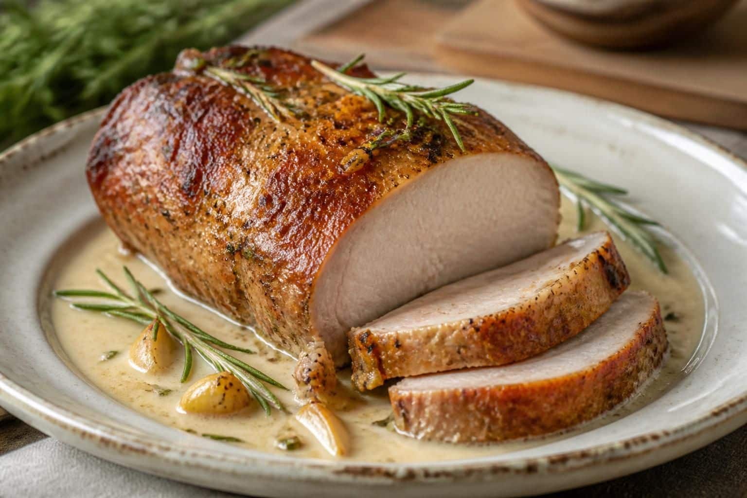 découvrez notre recette de rôti de porc au lait, moelleux et savoureux, délicatement parfumé à l'ail et au romarin pour un plat gourmand et facile à préparer.
