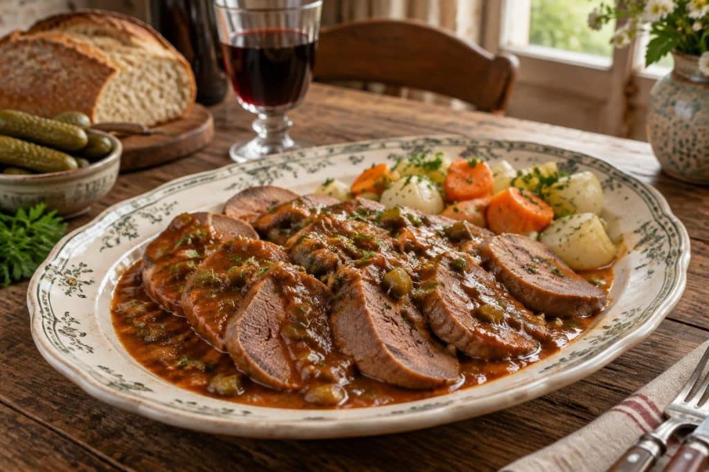 découvrez la langue de bœuf façon grand-mère, une recette traditionnelle mijotée et servie avec une savoureuse sauce piquante.