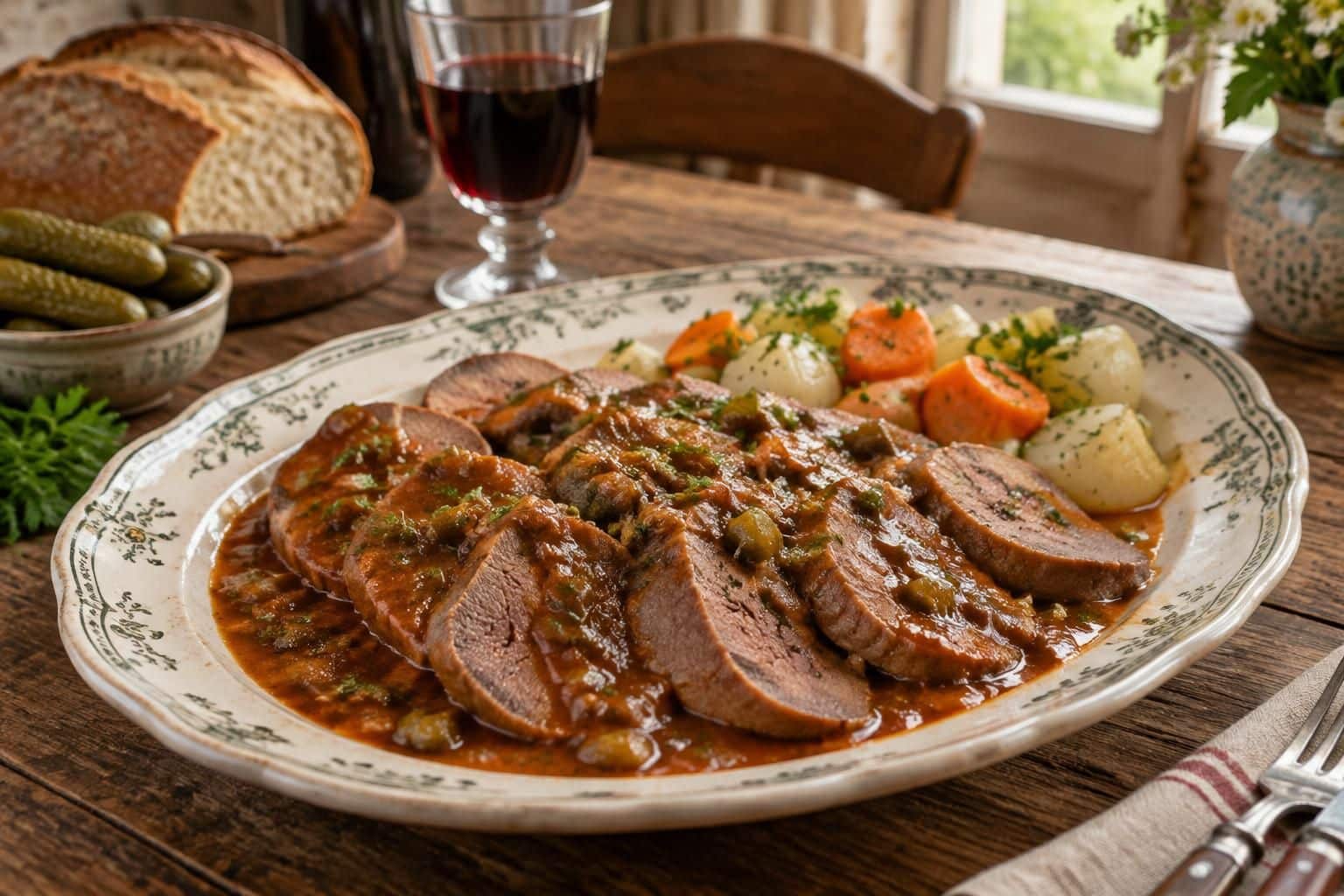 découvrez la langue de bœuf façon grand-mère, une recette traditionnelle mijotée et servie avec une savoureuse sauce piquante.