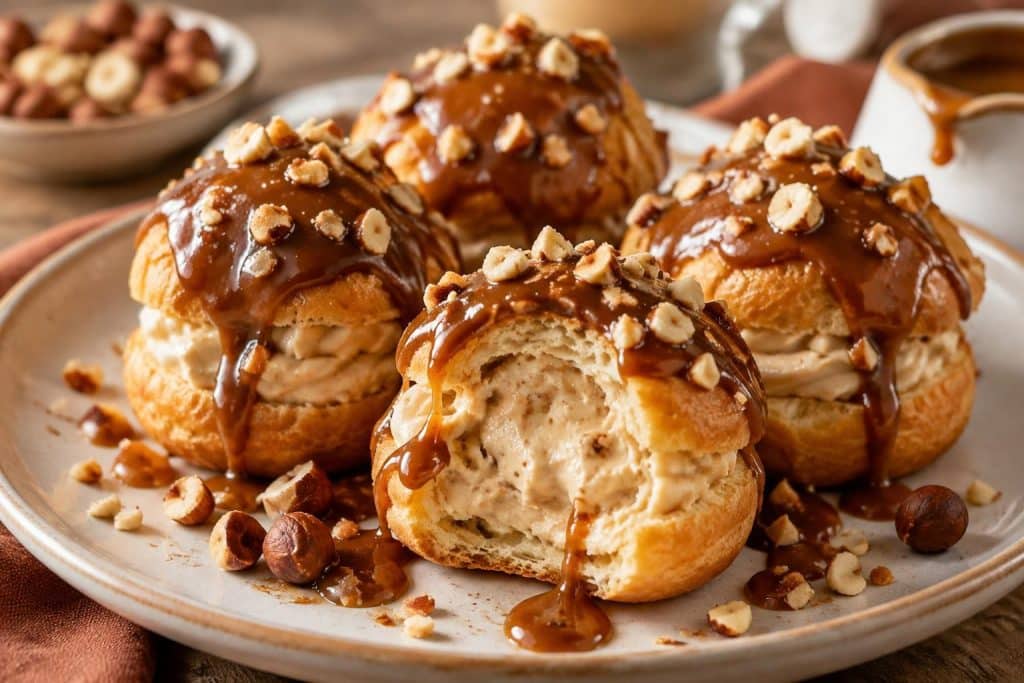 découvrez une recette facile de profiteroles pralinées : des choux croustillants, une glace onctueuse et une sauce gourmande au praliné.