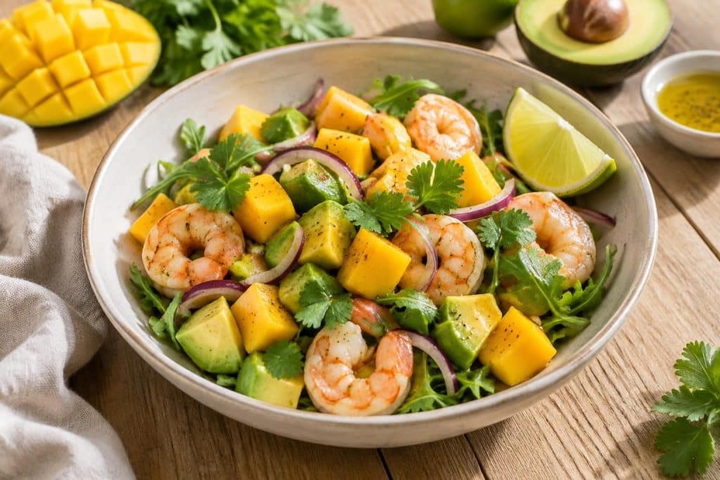 découvrez une salade de mangue, avocat et crevettes, fraîche et facile à préparer : une recette estivale pleine de saveurs, idéale pour un repas léger.
