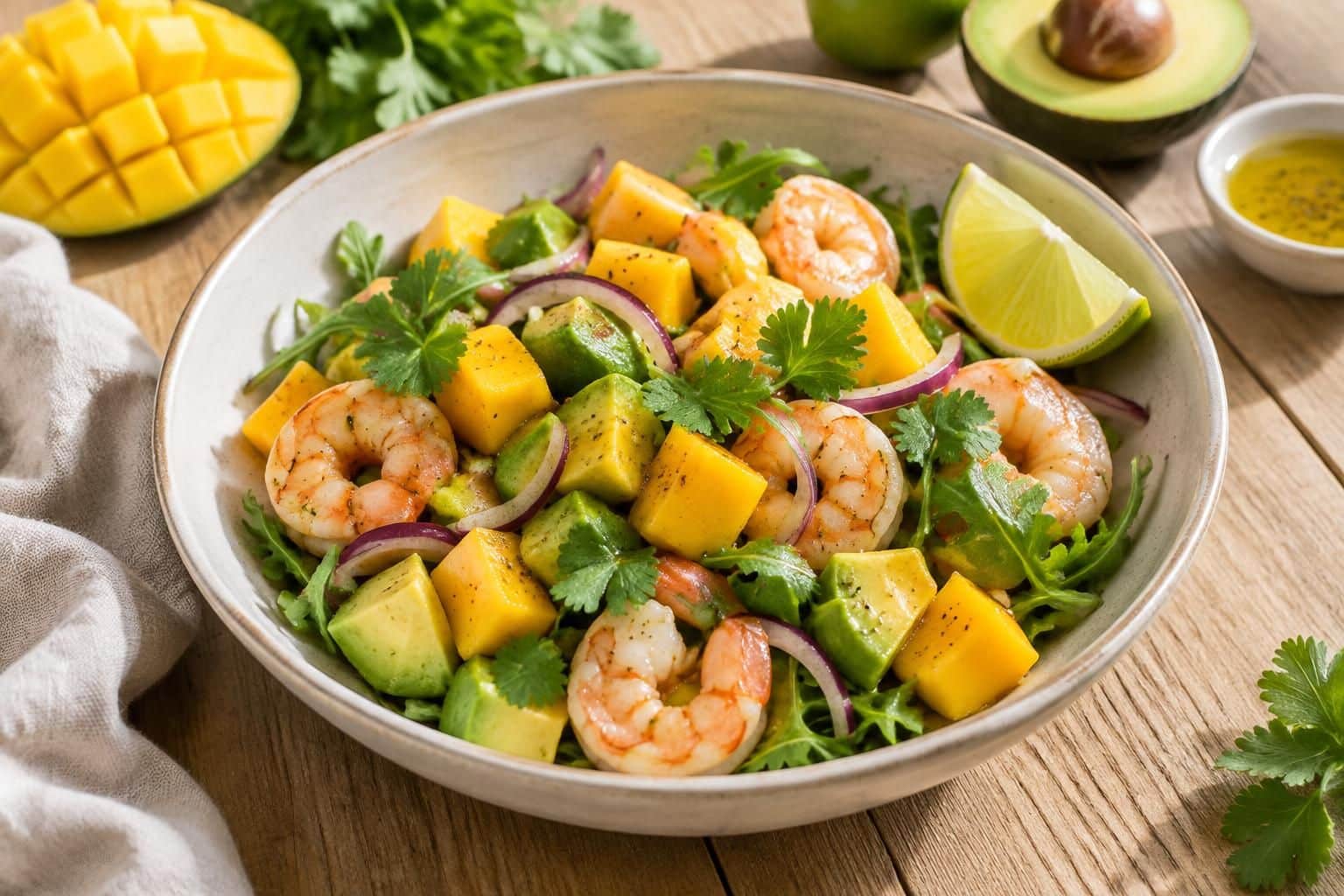 découvrez une salade de mangue, avocat et crevettes, fraîche et facile à préparer : une recette estivale pleine de saveurs, idéale pour un repas léger.