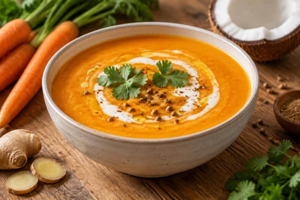 savourez une soupe onctueuse de carotte au lait de coco, délicatement relevée d’épices douces : une recette réconfortante et facile à préparer.
