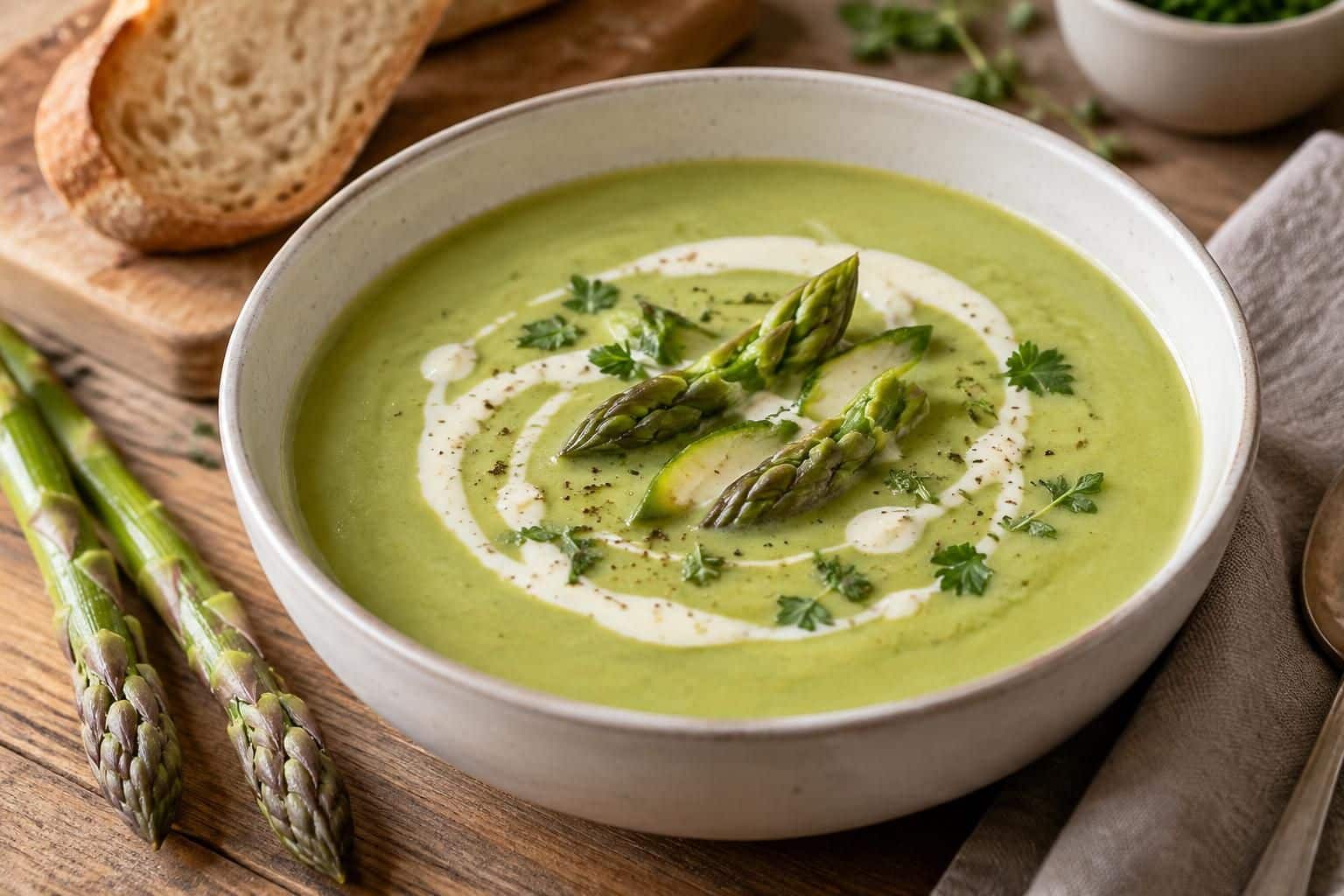 découvrez une recette facile de velouté d’asperges, onctueuse et crémeuse, idéale pour savourer un délicieux repas de saison.
